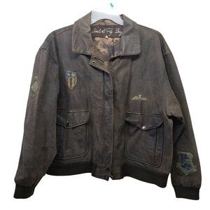 Winlit Fly Boys L Brown Bomber Jacket Coat Pockets Leather Patches Distressed